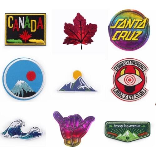 Pulaqi Canadian Maple Leaf Iron On Patches For Clothing Embroidery Stripe On Clothes Cartoon The Sun Snow Mountai Applique Badge