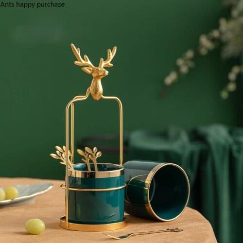 Modern Metal Ceramic Fruit Fork Storage Tank Luxury Golden Deer Spoon Cutter Chopsticks Storage Tool Kitchen Utensils Decoration