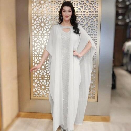 Richkeda Store New 2021 Gold Sparkling Evening Dress Muslim Sets Sling Dress & Abaya Dubai Turkey Luxury Caftan Marocain