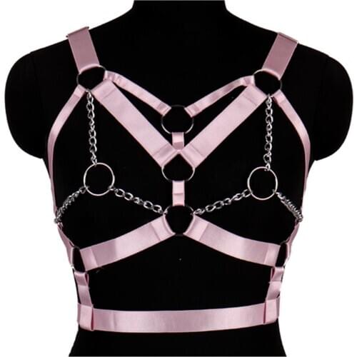 Pink Top Cage Harness Bra Chest Body Cage Strappy Metal Chain Belt Triangle Frame Punk Pastel Goth Plus Size Sexy Lingerie Rave