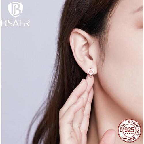BISAER Cat Earrings 925 Sterling Silver Animal Cat Pussy Kitten Small Stud Earrings for Women Fashion Silver Jewelry EFE171