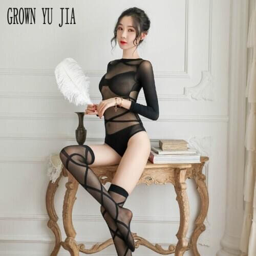 Sexy Transparent Long Sleeve Catsuit Erotic Teddies Lingerie Jacquard Perspective Hot Bab ydoll Porno Bodysuits Stockings Set