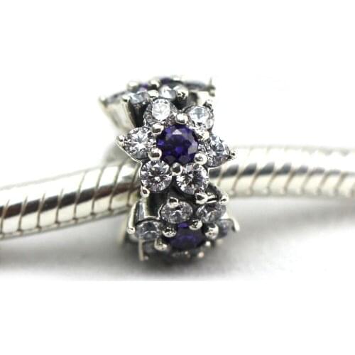 Spacer Beads fits Pandora bracelets 100% 925 Sterling silver Jewelry DIY Charms "Forget Me Not, Purple & Clear CZ" 2016 Spring