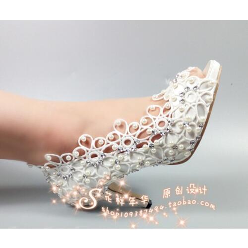 Wedding Shoes Satin Crystal Lace Flowers Bride Bridesmaid Photos With Adults' Pearl Peep Toe Open Comfortable Platform 5cm Heels
