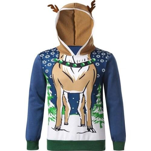 2020 New Christmas Elk Sweater Sweatshirts for Men 3D Printed Antler Hooded Sweater for Carnival Party Christmas Costume U3