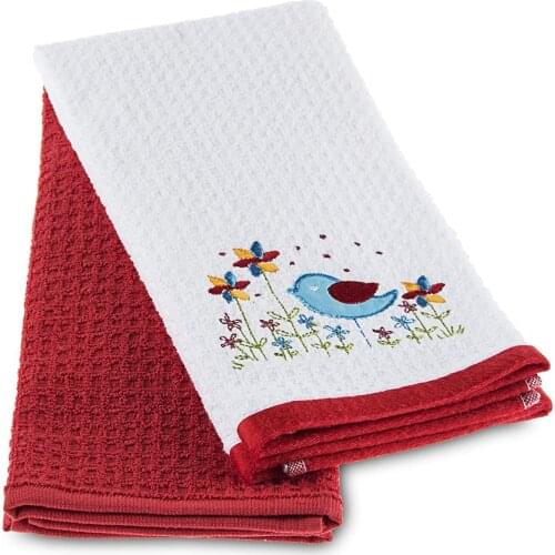 TAC Tea Towels Set of 2 Absorbent 100% Cotton Kitchen Towels Drying Towels Cotton Towel Motif Multicoloured (Red - Blue Bird )