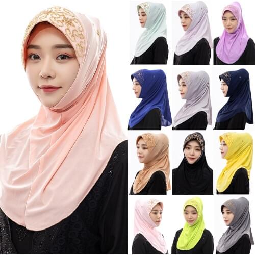 Malaysian Hijab Scarf for Muslim Abaya Dress Beaded Turban Solid Color Turbantes Indonesia Convenient Jilbab Islamic Female Caps