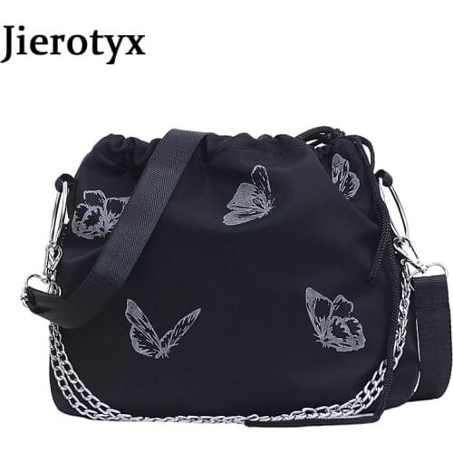 JIEROTYX Fashion Luminous Butterfly Retro Shoulder Bucket Bag For Women Drawstring Sexy Chain Shoulder Bags Lady Handbag Punk
