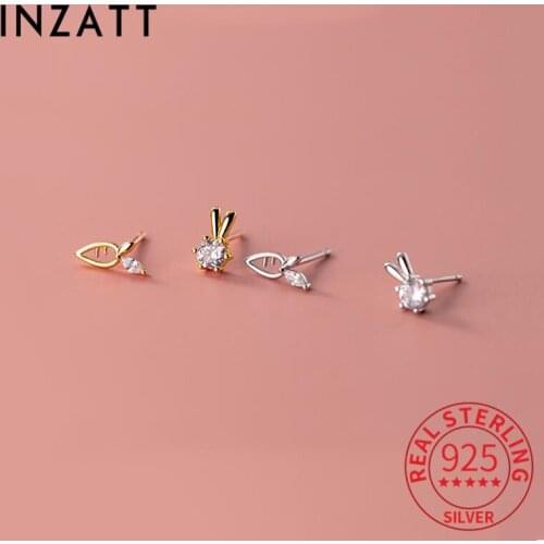 INZATT Real 925 Sterling Silver Zircon Rabbit Hollow Radish Stud Earrings For Women Punk Asymmetry Fine Jewelry Drop shipping