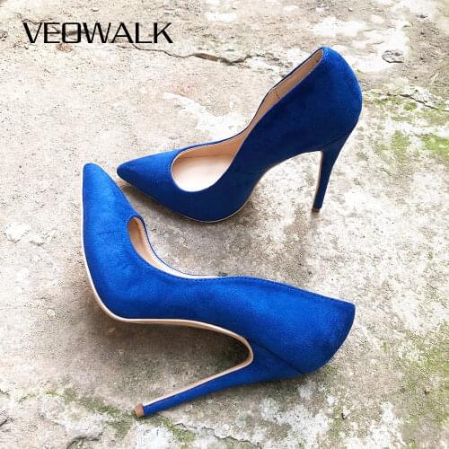 Veowalk Royal Blue Women Classic Suede High Heels Vegan Elegant Ladies Pointed Toe Stiletto Pumps Low Cut Slip On OL Dress Shoes