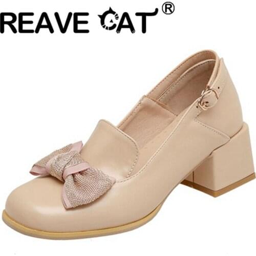 REAVE CAT 2021 Spring Sweet Pumps Bowtie Round Toe Ankle Buckle Strap 5.5cm Chunky Heel Shoes Size 32-46 Black Apricot A4195
