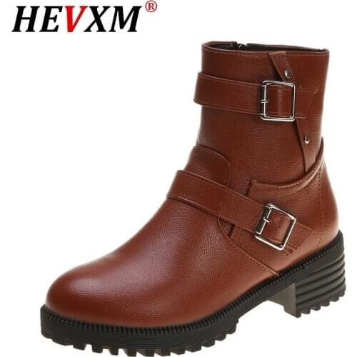 Ladies winter boots Lady Zippers shoes Buckle round toe Square heel Martin boots Low heels Shearing botas zapatos mujer Black