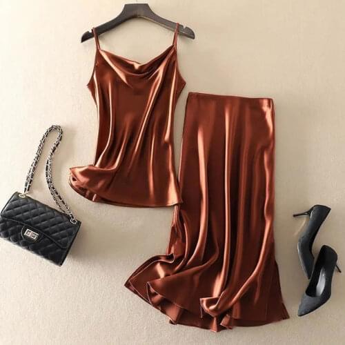 Womans Elegant Skirts Suit Summer 2021 Ladies Korean Sexy V-Neck Satin Camisole vest + Draped Package Hip Skirt Two-Piece Set