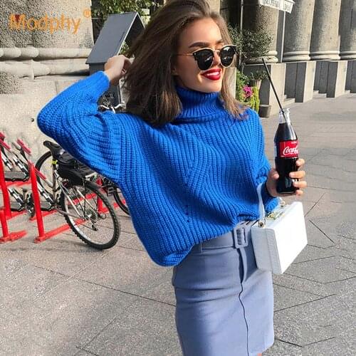 Street Wear Loose Turtleneck Women Knitting Sweaters Blue Pullover Shirt Autumn Winter Long Sleeve Ladie Top Clothes 2020 Female