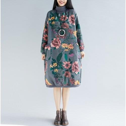 2020 Women Dress Fleece Turtleneck Print Floral Autumn Winter Loose Long Sleeves Cotton Thick Warm Vintage Women Robe