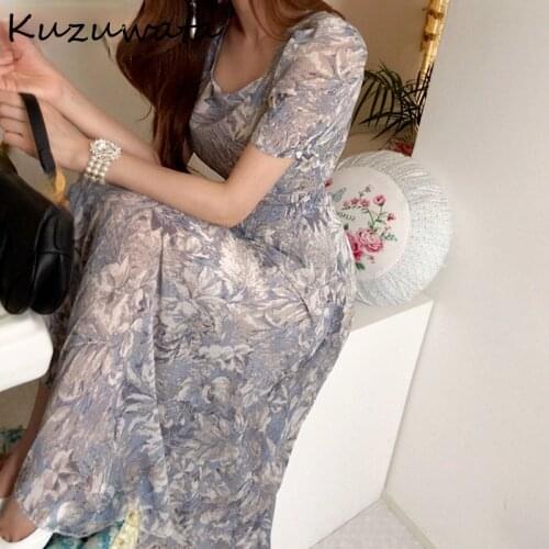 Kuzuwata Temperament Print Holiday Dress Women High Waist Hip A Line Pleat Vestidos Summer 2021 New Slim Robe Short Sleeve