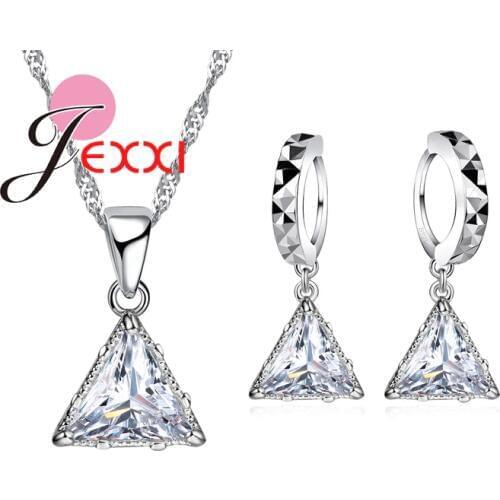 Cubic Zirconia Triangle Statement Necklace Drop Piercing Earrings Women 925 Sterling Silver Wedding Anniversary Jewelry Sets