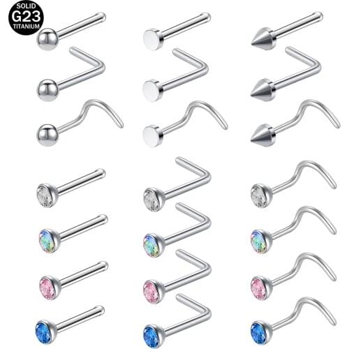 ZS 3-4pcs/lot 20g G23 Titanium Nose Stud Set For Women Men 2/3MM AAA Cubic Zircon Nose Ring Nostril Screw Bone L-Shaped Piercing