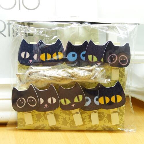 10 pcs/lot Cute Black Cat Wooden Clip Photo paper Clothespin Craft Clips Party Decoration Clip with Hemp Rope