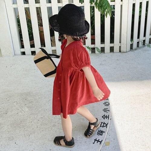 2021 100% Cotton Toddler Girls Dress for Kids Casual Clothing Solid Line Button A-line Sundress