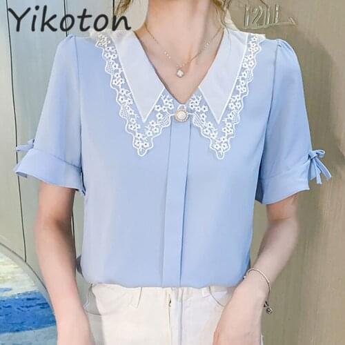2021 Summer Blouse Shirt For Women Fashion Short Sleeve V Neck Casual Office Lady White Shirts Tops Japan Korean Style Plus Size