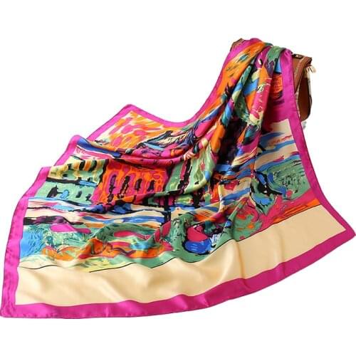 2021 Fashion Womens Retro Printing Art Oil Painting Pattern Female Sex Head Scarves Large Square Scarf
