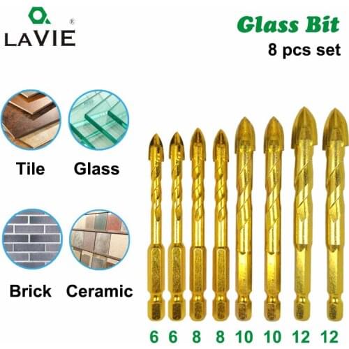 8pcs 1/4" Hex Shank Twist Glass Bits Titanium Coated Glass Drill Set 6 8 10 12mm Tile Concrete Cross Tip Hole Bit Tile 02017