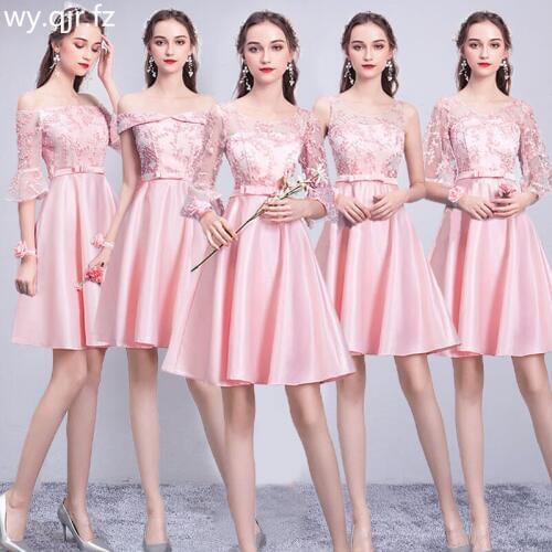 ASL53F#Peach Pink Gray Champagne Bridesmaid Dresses short lace up New Sister Group Marriage Banquet Graduation Dress wholesale