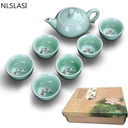 Authentic celadon fish cup tea set teapot creative celadon tea set business home gift ceramic set 1 teapot +6 cup
