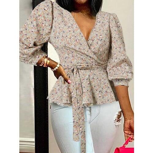 Celmia Blouses Elegant Office Floral Printed Shirt Women Sexy Deep V-Neck Belted Tunic Tops Fashion Ruffles Blusas Top