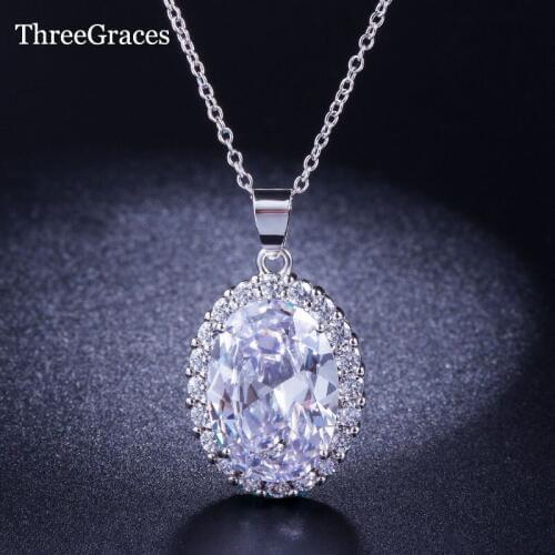 ThreeGraces Brand Silver Color Sparkling Big Round Drop Cubic Zirconia Stone Pendant Necklace Jewelry For Women Party Gift PN049