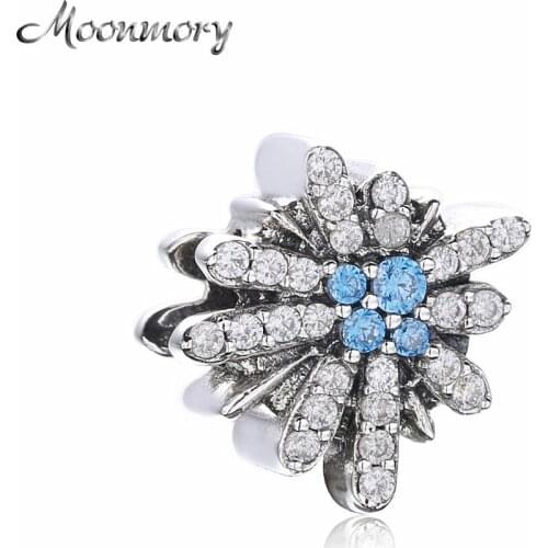 Moonmory 100% Real 925 Sterling Silver Blue Zircon CZ Snowflake Dazzling Fireworke Original Beads For Jewelry Making Christmas