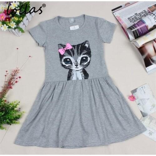 Lollas Cute Cat Toddler Baby Girls Princess Short Sleeve Dress Summer Girl Dress Cat Print Grey Pink Dress Children Clothing