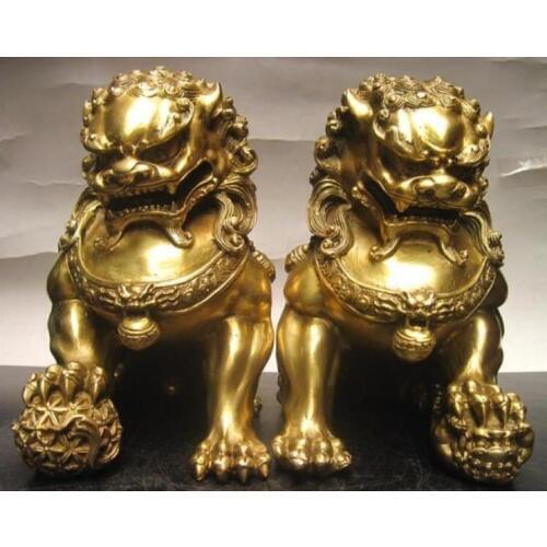 Pair 8" Brass chinese folk home feng shui avoid evil spirits Beast foo dogs lion