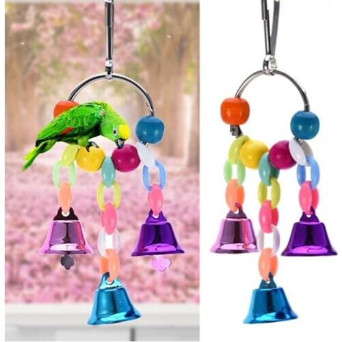 Parrot Toys With Colorful Beads Bell Chain Pet Bird Parrot Chew Bite Toy Bird Cage Accessories Suspension Hanging Bridge Chain