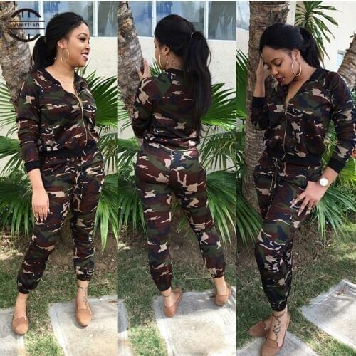 2Pieces Women Camouflage Yoga Suit Long Sleeve+ Pants Running Set With Zipper Outdoor Leisure Sport Clothing Tracksuit For Women