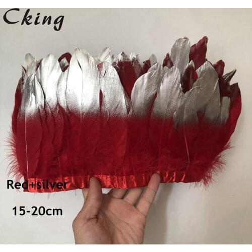 Cking 10 yard red + silver Tipps Geese feather fringe 15-20cm diy fashion lace sewed on satin ribbon carnival decorative strips