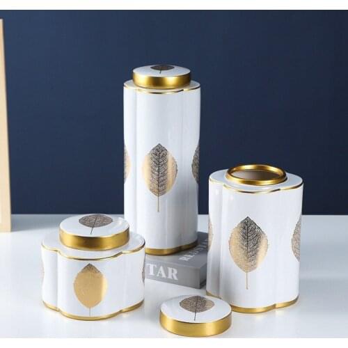 Creative Gilded Leaf Pattern Ceramic Sealed Storage Jar Vase Flower Arrangement TV Cabinet Desktop Decoration Home Decoration