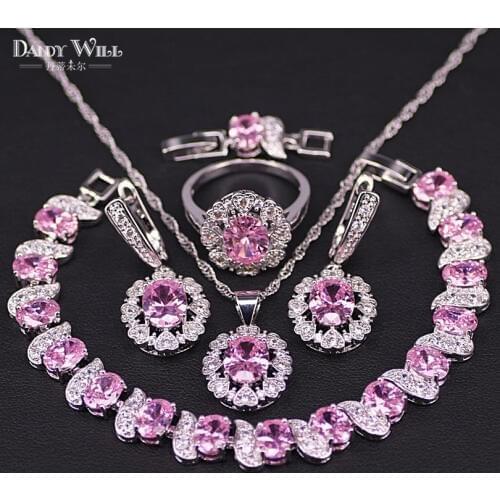 Best Present Pink Crystal & Cubic Zircon Silver Color Costume Jewelry Sets Pendants/Earrings/Rings/Bracelets Set