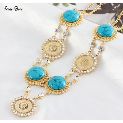 Muslim Sapphire Crystal Coin Pendant Necklace Middle Eastern Women Banquet Luxury Noble and Elegant Jewelry Gift Wholesale
