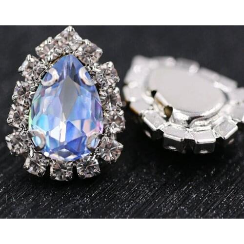 New 6x8mm/7x10mm glass rhinestones teardrop sew on crystal button Blue Laser crystals rhinestones Diy Dress/nail art accessories