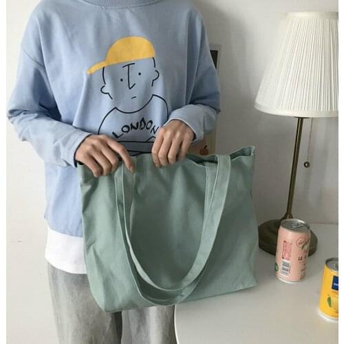 College Style Open School Bag Large-Capacity Canvas Shopping Bag Casual All-Match Womens Shoulder Bag Solid Color Tote Bag