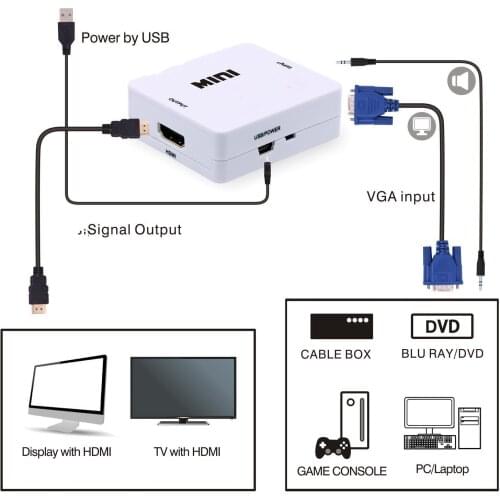 Portable Mini VGA to HDMI-compatible Converter VGA2HDMI Video Box Audio Adapter 1080P For Notebook PC HDTV Projector TV