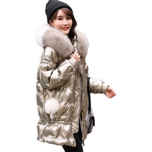Winter High Grade Fox Fur Collar Down Jacket Women Clothing Long 2021 New White Duck Down Glossy Parka Coat Loose Female Jacket