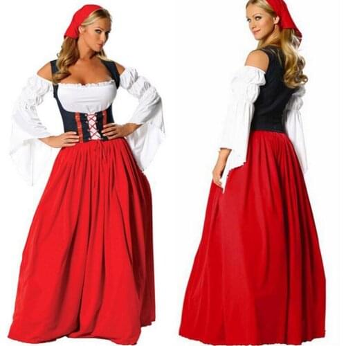 Retail New LONG Red Oktoberfest Beer Maid Peasant Dress Costume German Wench costume dress Women German Bavarian Long Outfit