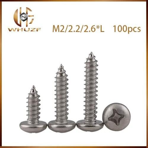 100pcs M2 M2.2 M2.6 304 stainless Steel Self-tapping Screws Laptop Computer Philips Cross Round Head Self Tapping Screw