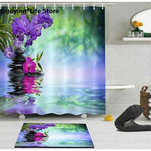 Flowers Rocks Shower Curtain Set Waterproof Spa Shower Curtain Bathroom Bath Mat Fabric Rugs 72 x 72'' with 12 Hooks Mat 24x16