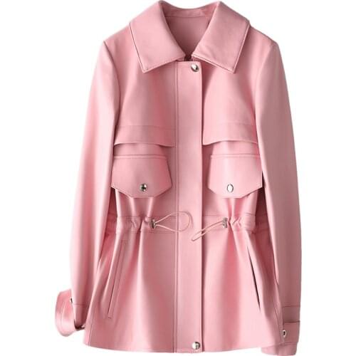 2021 Pink Leather Jacket Spring Womens Sheep Leather Medium Length Fashionable Style Coat Aviator Leather Jacket Ladies