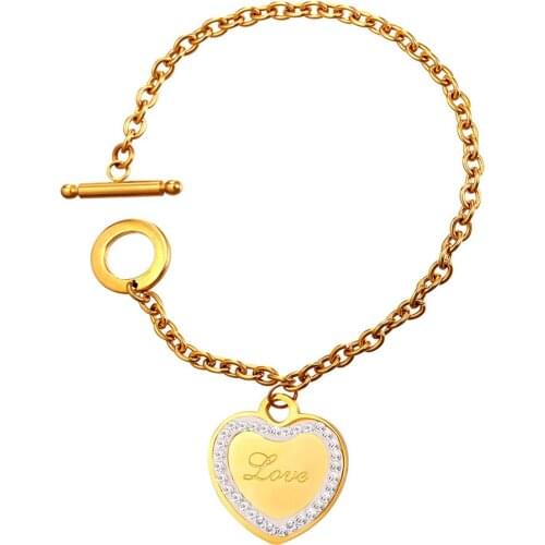 Collare Crystal Heart Bracelet For Women Stainless Steel Rhinestone Gold Color Bracelets & Bangles Love Valentines Gift H918