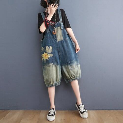 #2377 Black Blue Rompers Womens Playsuits Loose Printed Denim Overalls For Women Casual Jeans Jumpsuit Short Ladies Summer 2021